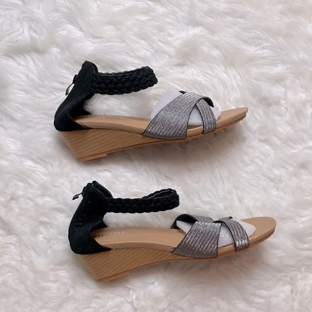 Intini Leather Silver Braided Ankle Strap Low Wedge Sandals